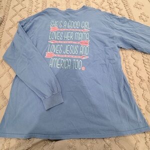 Light Blue Long-Sleeve Graphic Tee with Patriotic Quote